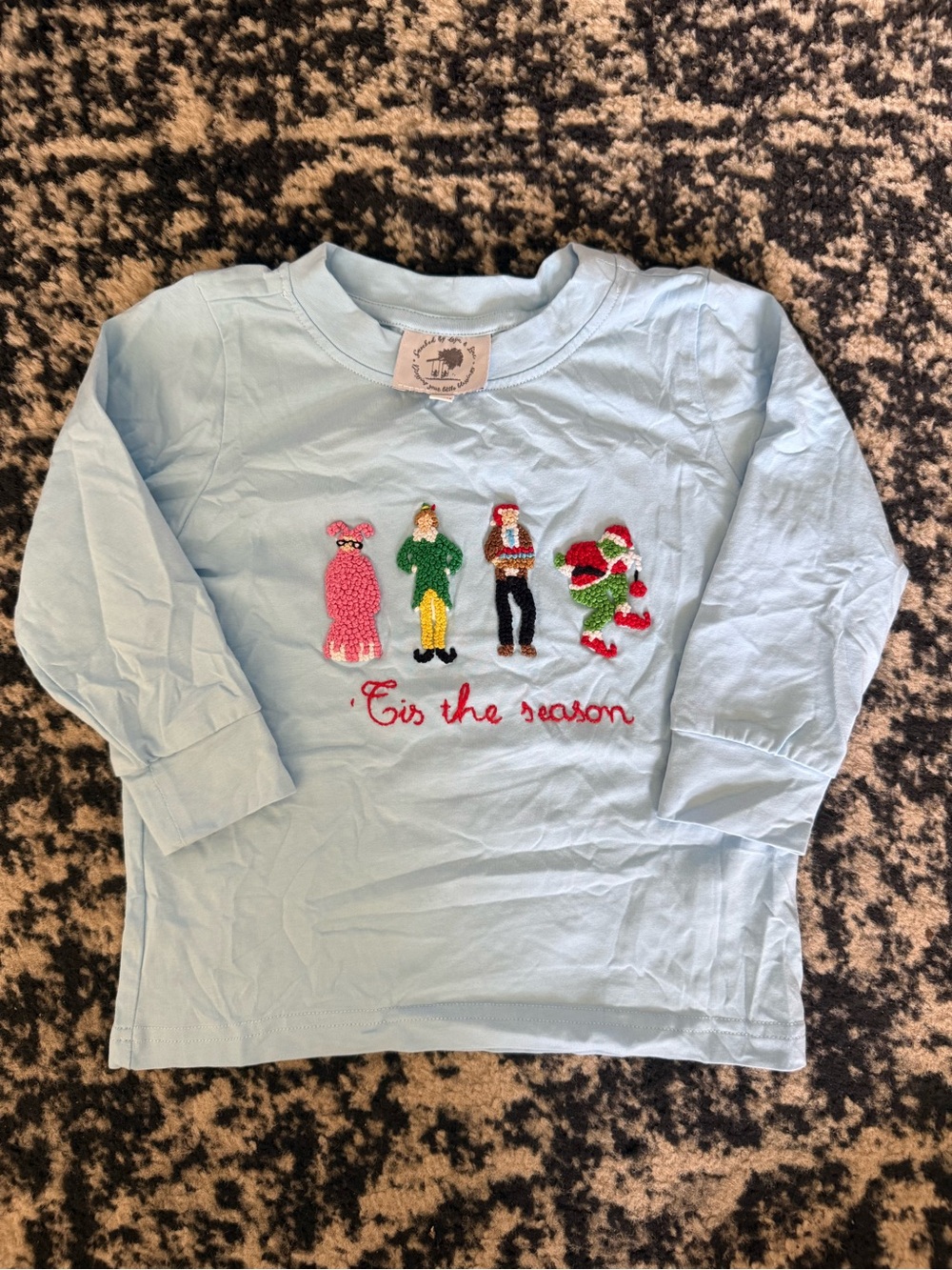 Light Blue Holiday French Knot Christmas Appliqué Kids Long Sleeve Tee